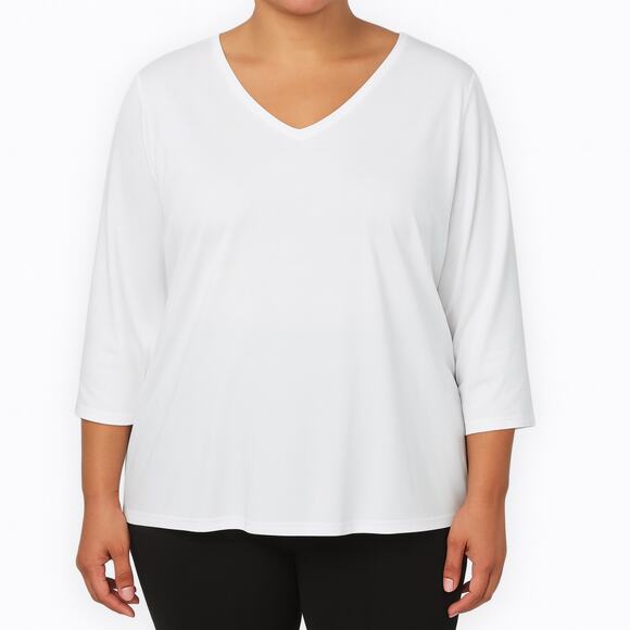 Susan Graver White Liquid Knit Top V Neck 3/4 Sleeve 1X Petite New - Picture 1 of 9